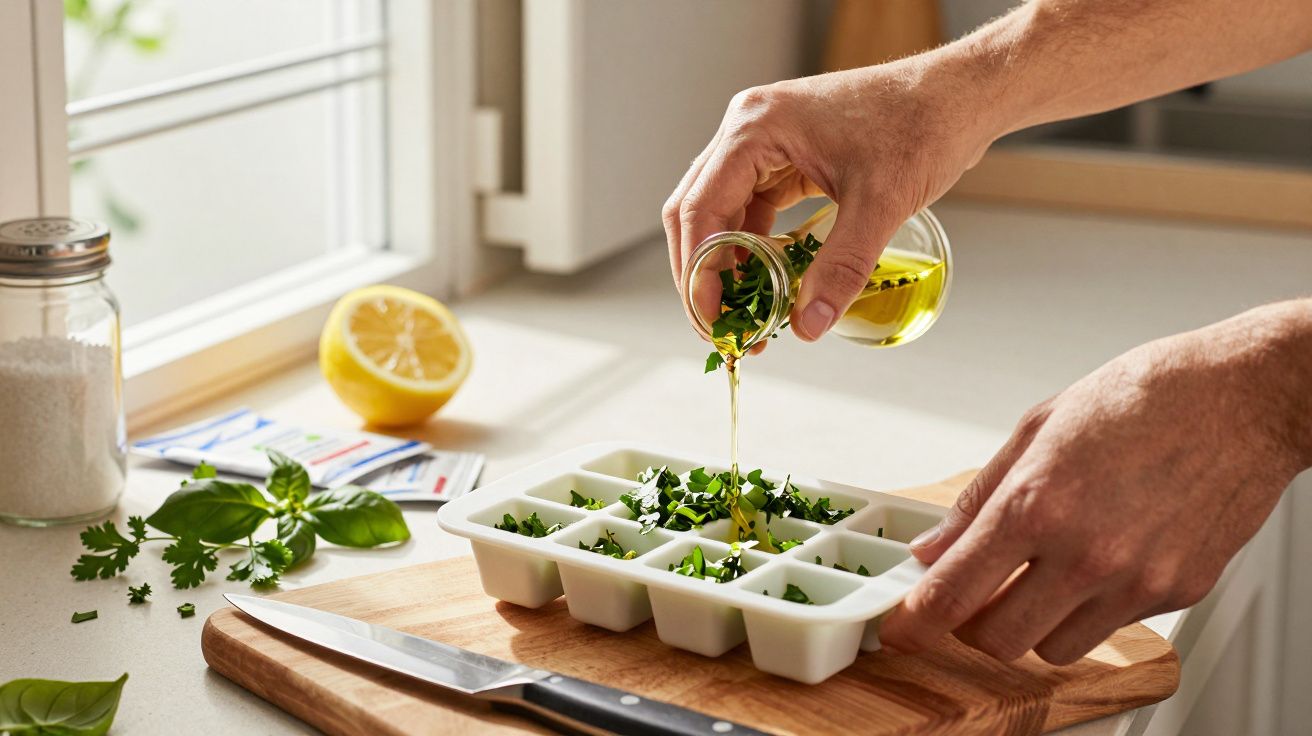 Mãos colocando azeite e ervas em cuvete de gelo, numa cozinha com limão e faca ao lado.