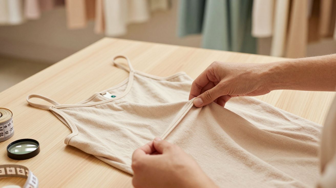 Mãos dobrando uma camisola bege sobre uma mesa de madeira clara, com uma fita métrica e uma lupa ao lado.