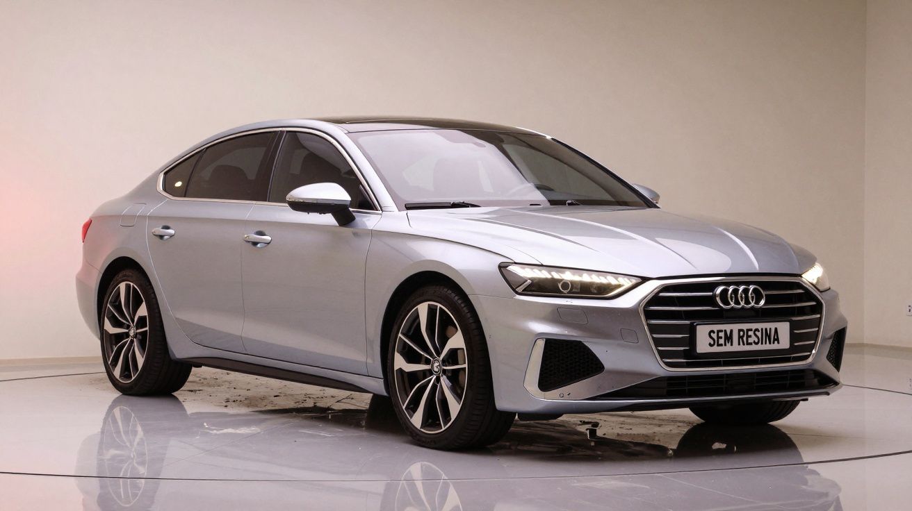 Carro Audi prateado em exposição num estúdio bem iluminado, mostrando perfil lateral e frontal.