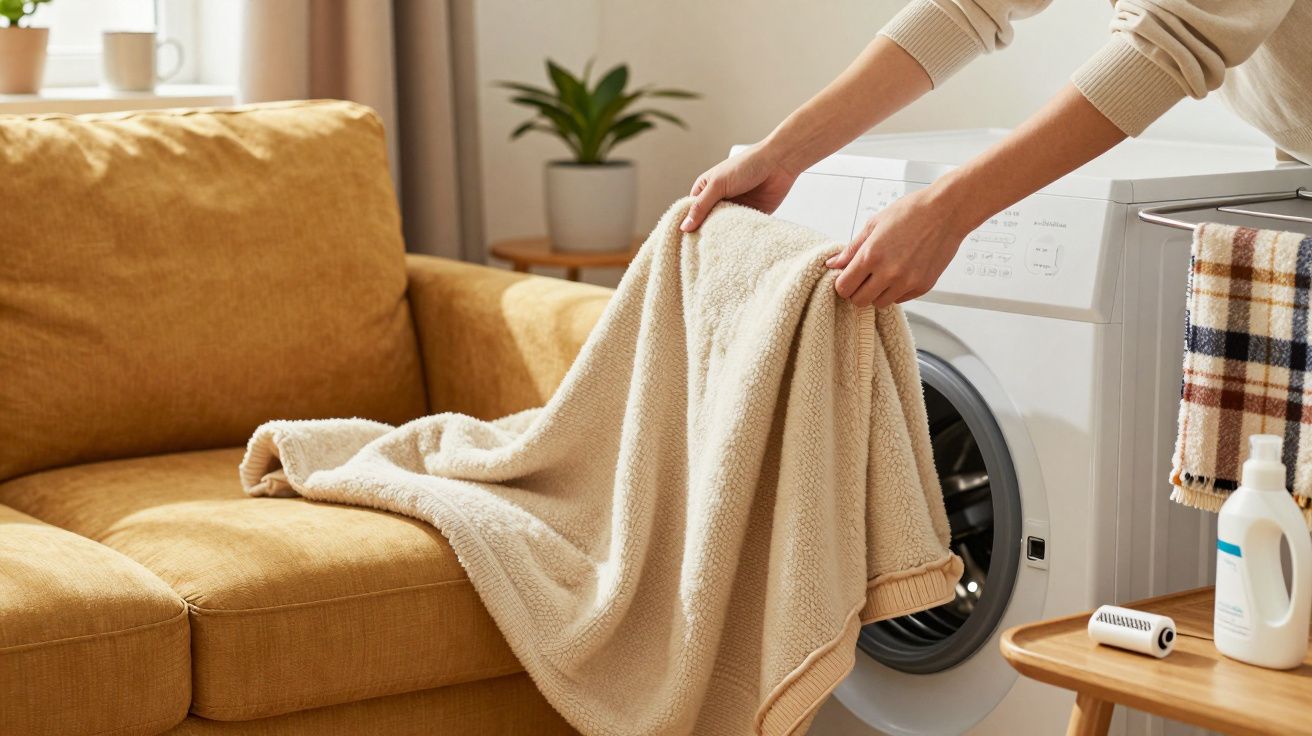 Pessoa a retirar cobertor da máquina de lavar ao lado de sofá amarelo, com plantas e detergentes ao redor.
