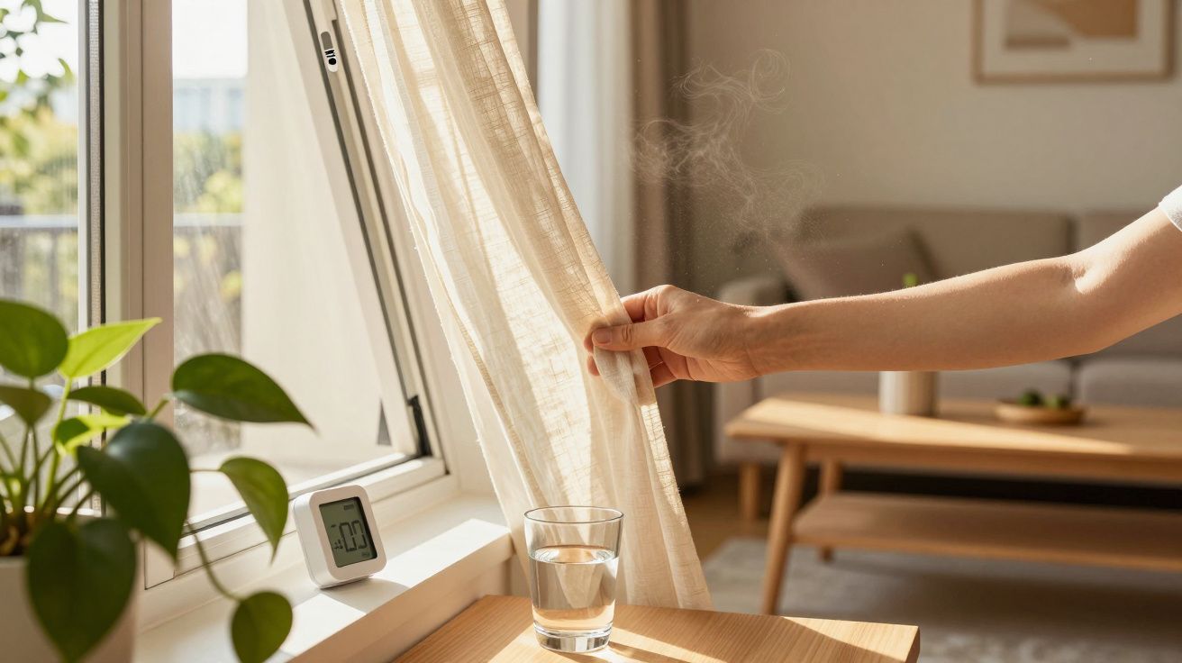 Mão abrindo cortina, luz natural, planta, copo de água e termómetro numa sala acolhedora com sofá ao fundo.