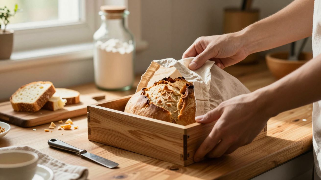 Mãos desembrulham pão fresco num tabuleiro de madeira, ao lado de fatias e faca numa cozinha iluminada.