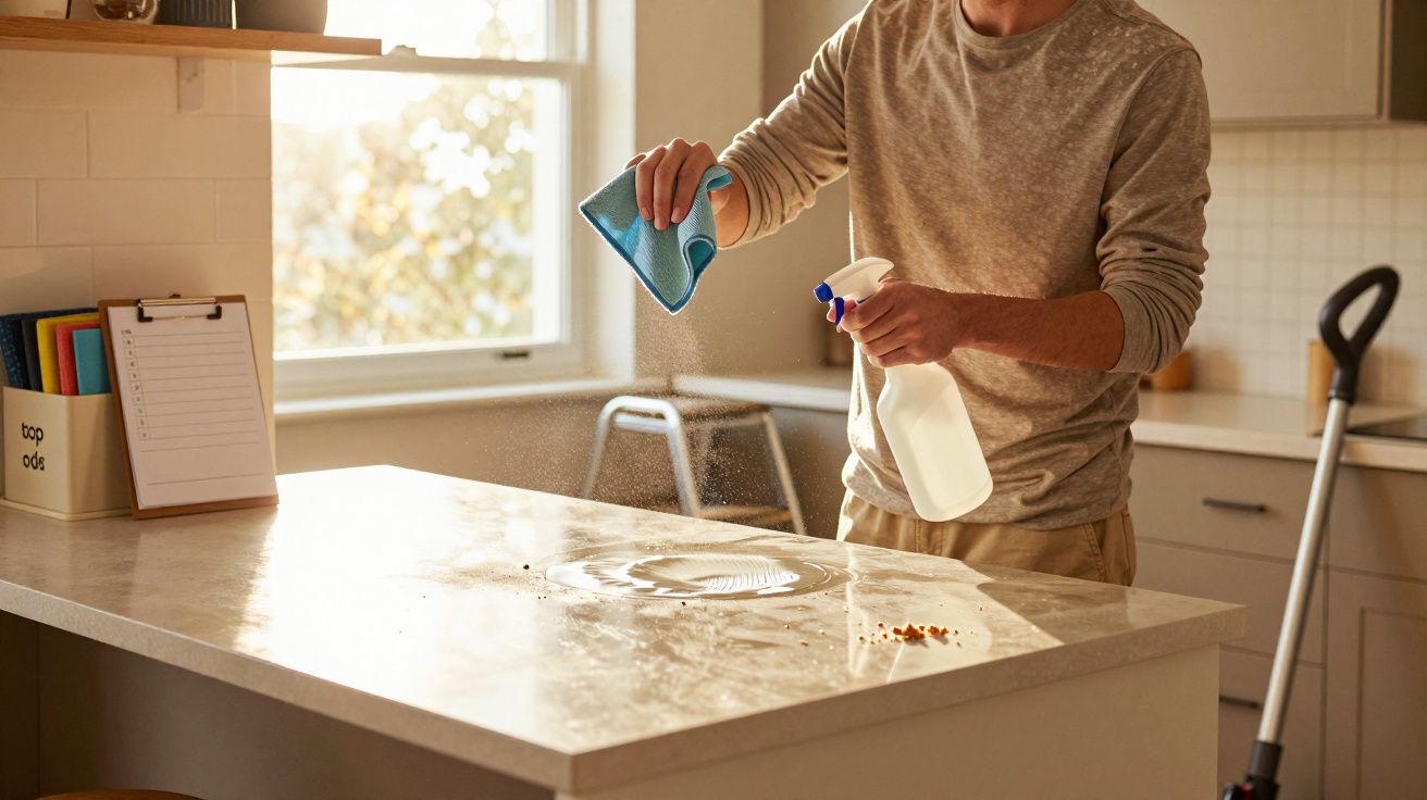 Homem limpando bancadas na cozinha com pano azul e spray, ao lado de utensílios de limpeza.