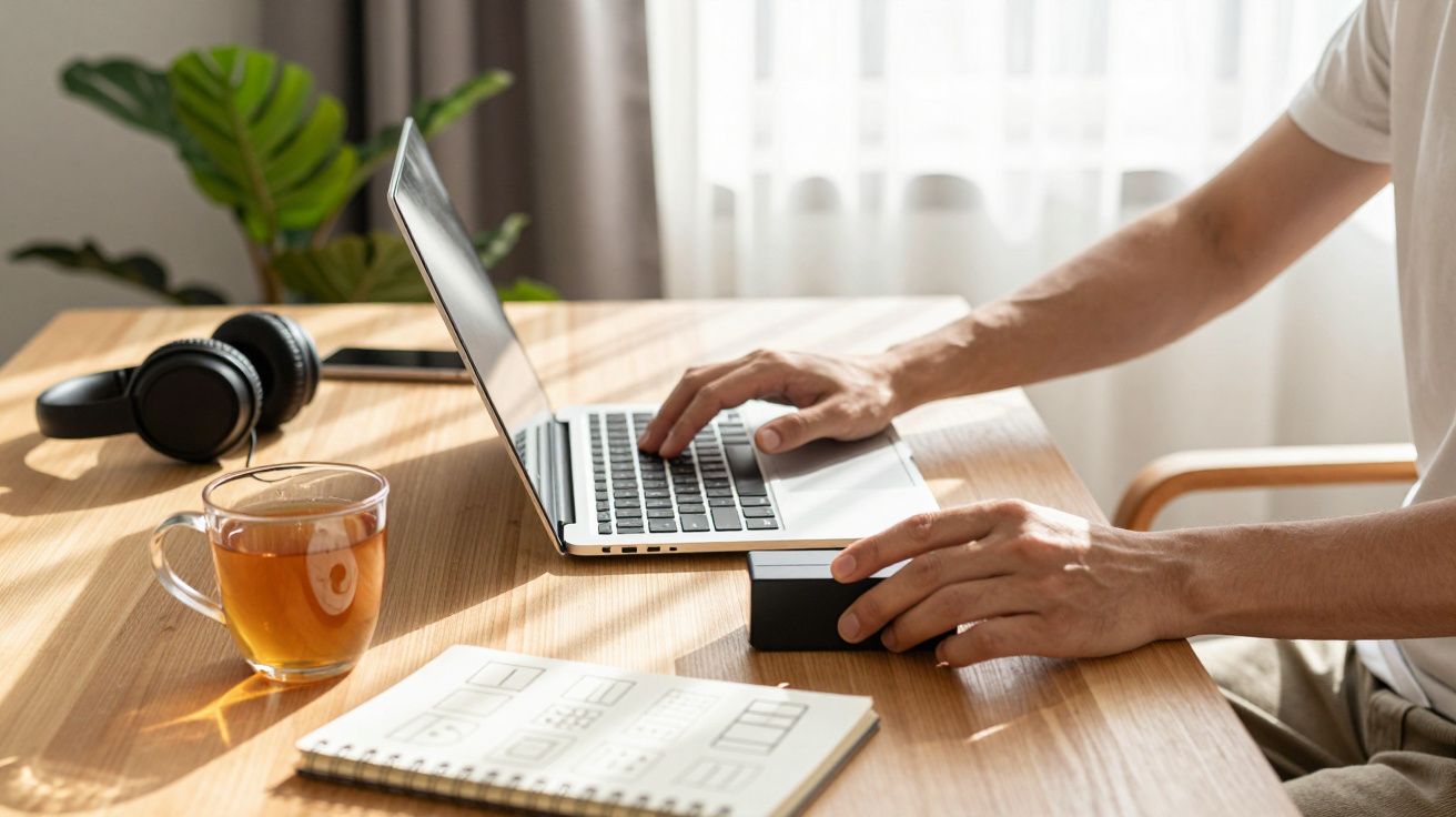 Pessoa a trabalhar num portátil numa mesa de madeira, com chávena de chá, caderno e auscultadores ao lado.