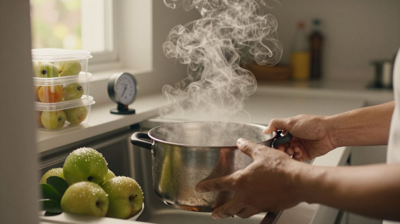 Pessoa segura panela fumegante na cozinha, com maçãs e caixas de plástico ao fundo.
