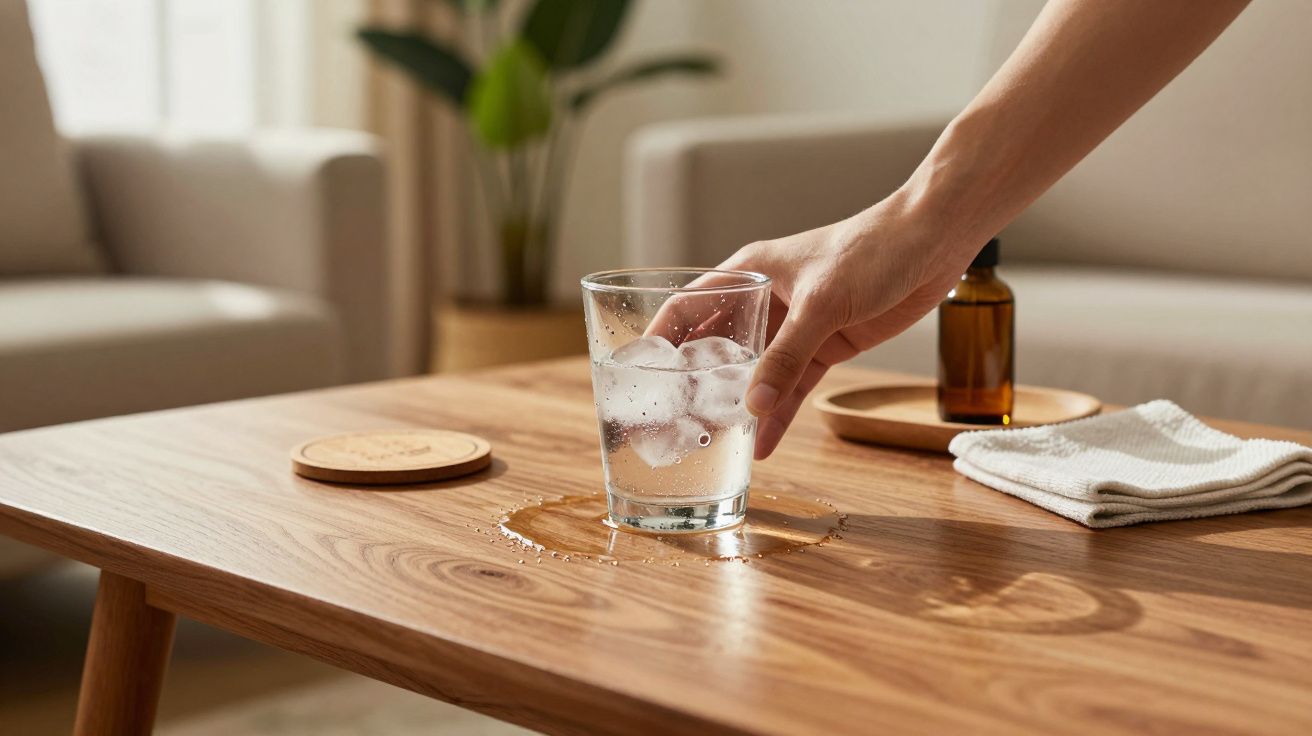 Mão segura copo de água com gelo numa mesa de madeira num ambiente acolhedor com sofás e planta ao fundo.