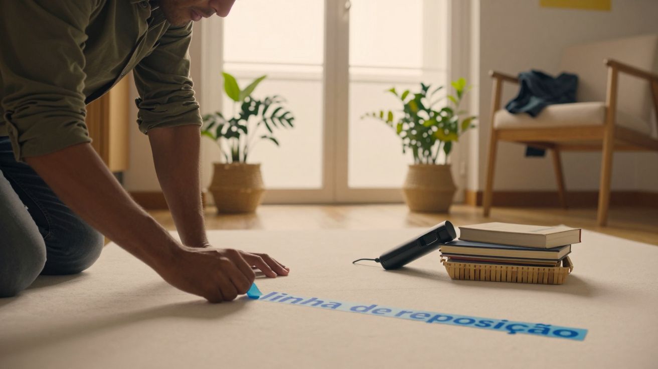 Homem a colocar fita adesiva azul no chão, com livros e plantas ao fundo numa sala iluminada.