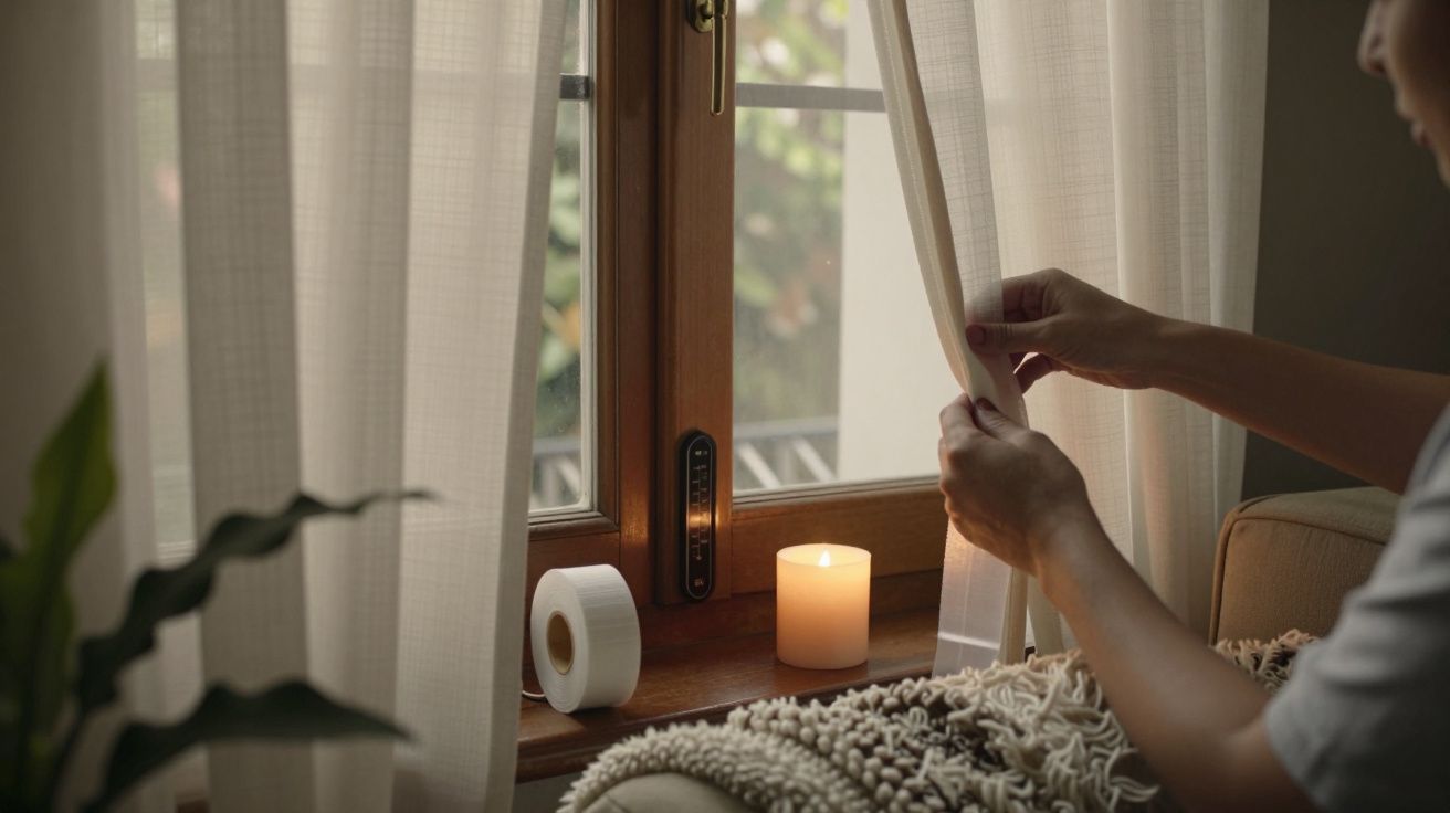 Pessoa ajusta cortina junto a janela, velas e planta decoram o parapeito.