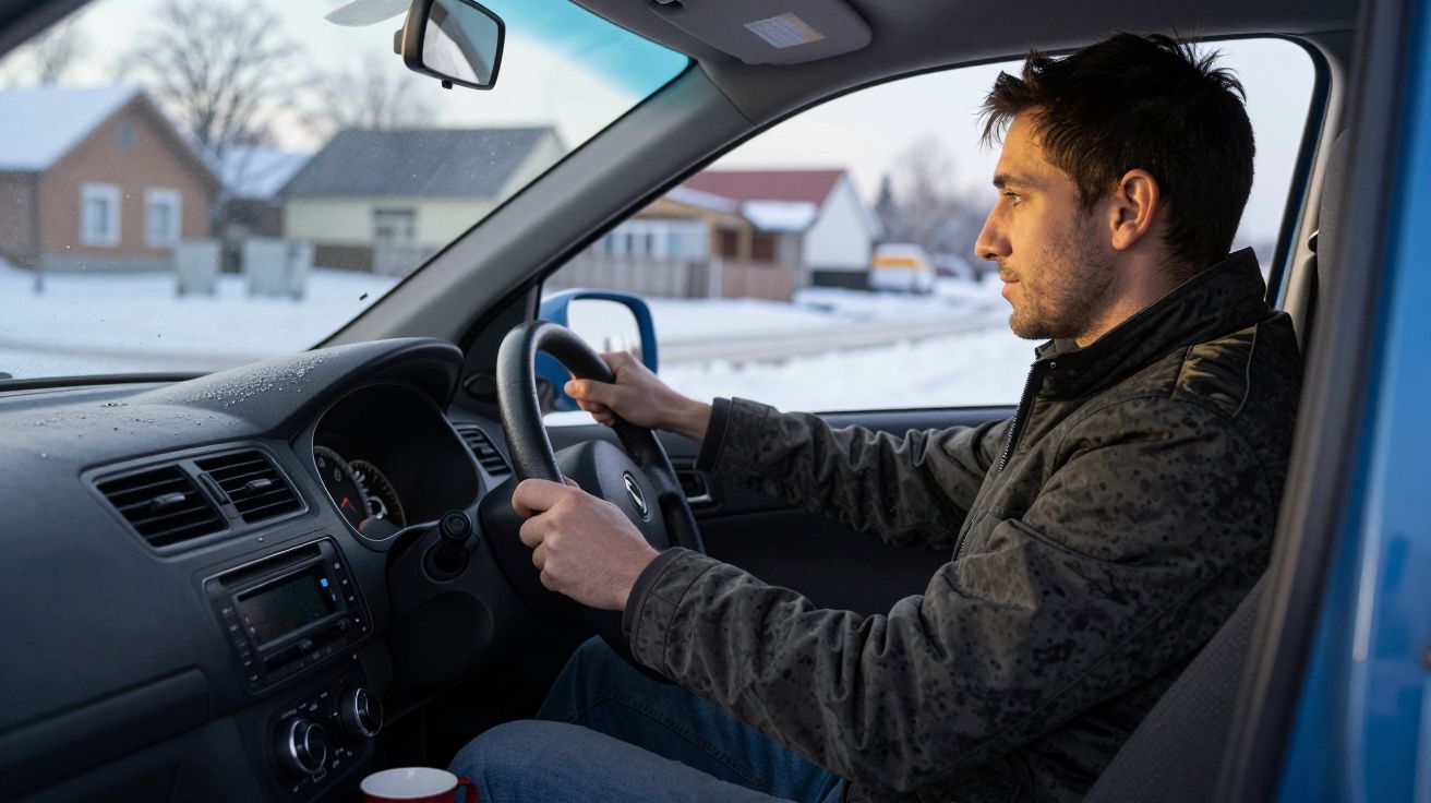 Homem a conduzir carro numa estrada com neve, vestindo casaco, dentro do veículo.