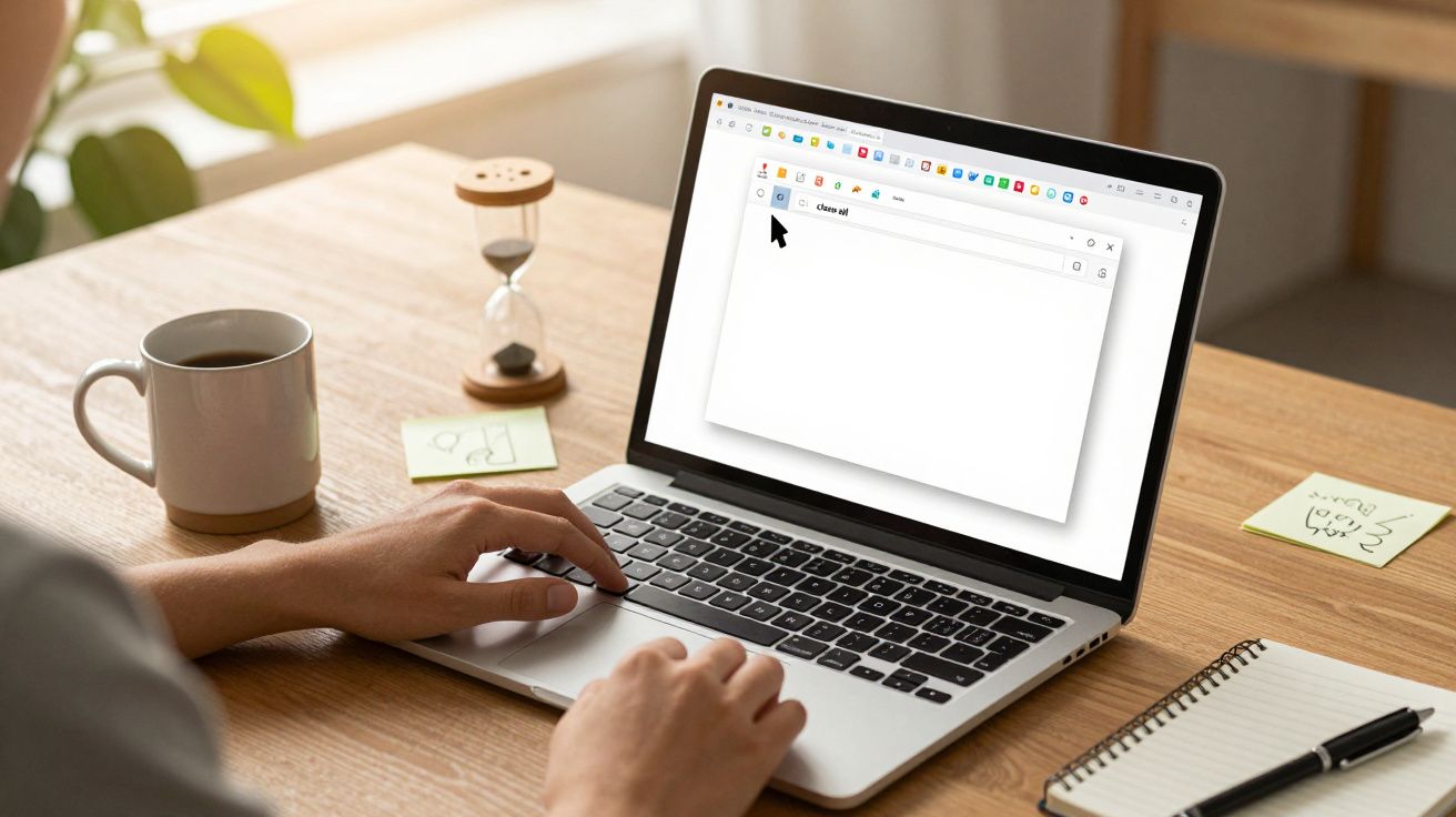 Pessoa a utilizar um portátil com janela de pesquisa em branco, ampulheta e post-its na mesa.