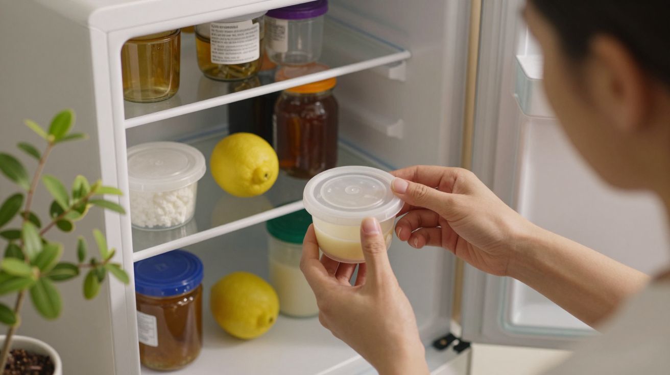 Pessoa retira pote fechado de prateleira de frigorífico com limões e frascos.
