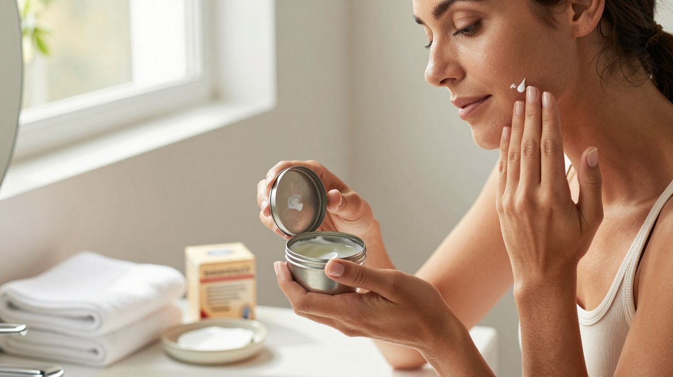 Mulher aplica creme no rosto em frente ao espelho, segurando um frasco de cosmético numa casa de banho iluminada.
