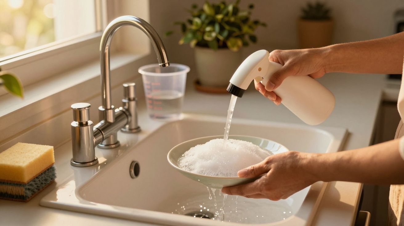 Pessoa a lavar um prato com sabonete líquido junto a um lava-louças, com esponja amarela ao lado.