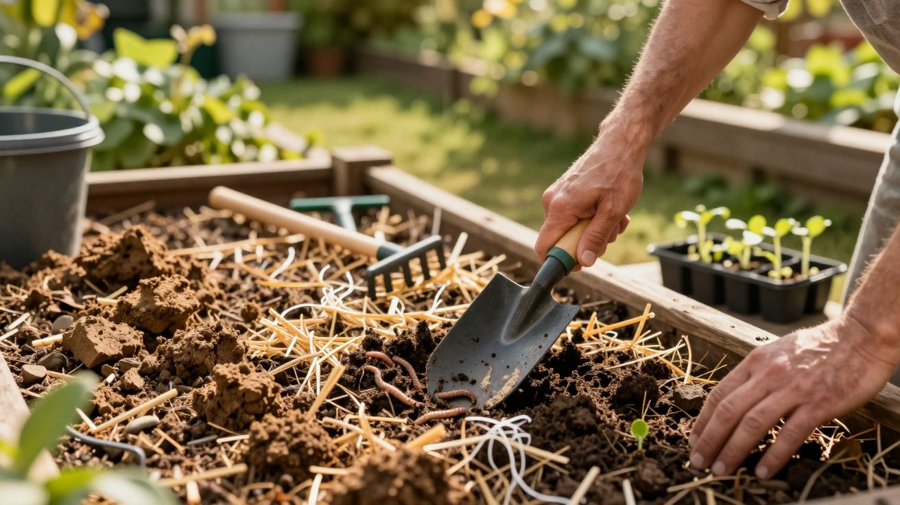 Pessoa a usar uma pá de mão para preparar um canteiro de jardim, rodeado por ferramentas e plantas jovens.