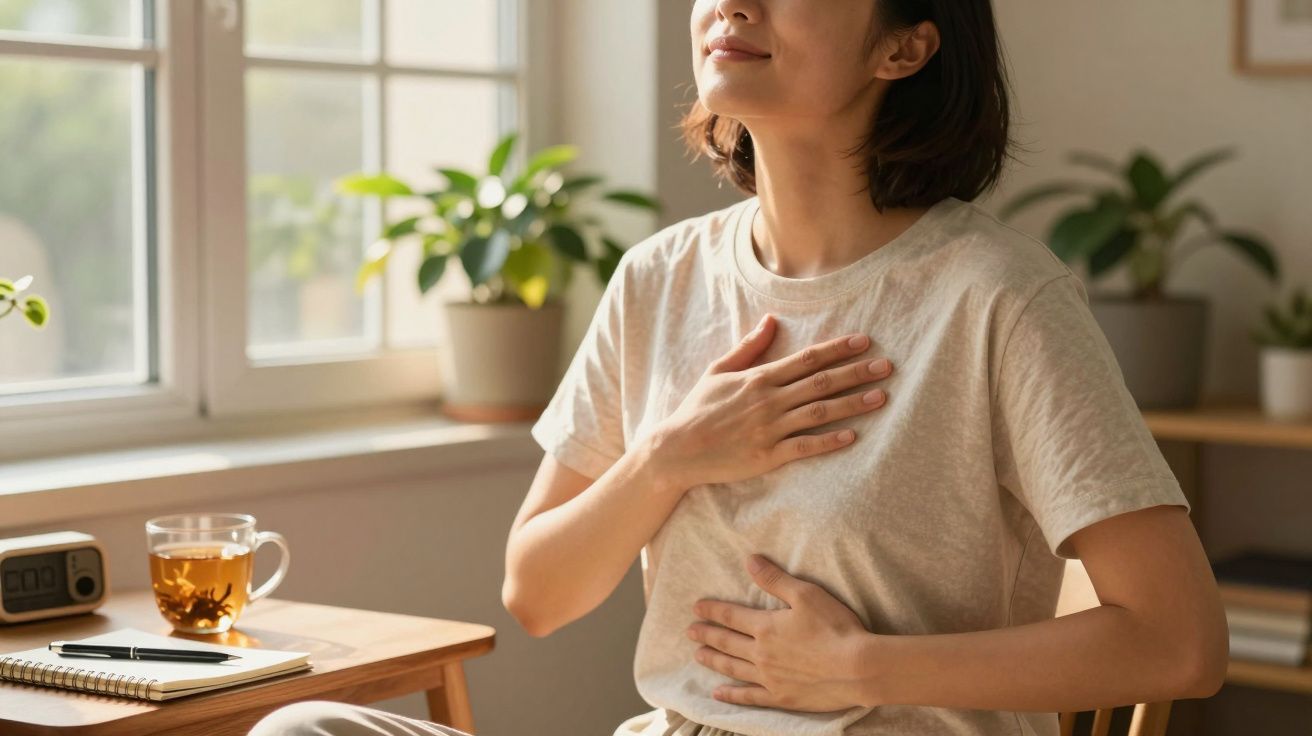 Mulher meditando, sentada à frente de uma janela com plantas, chá e bloco de notas numa mesa.