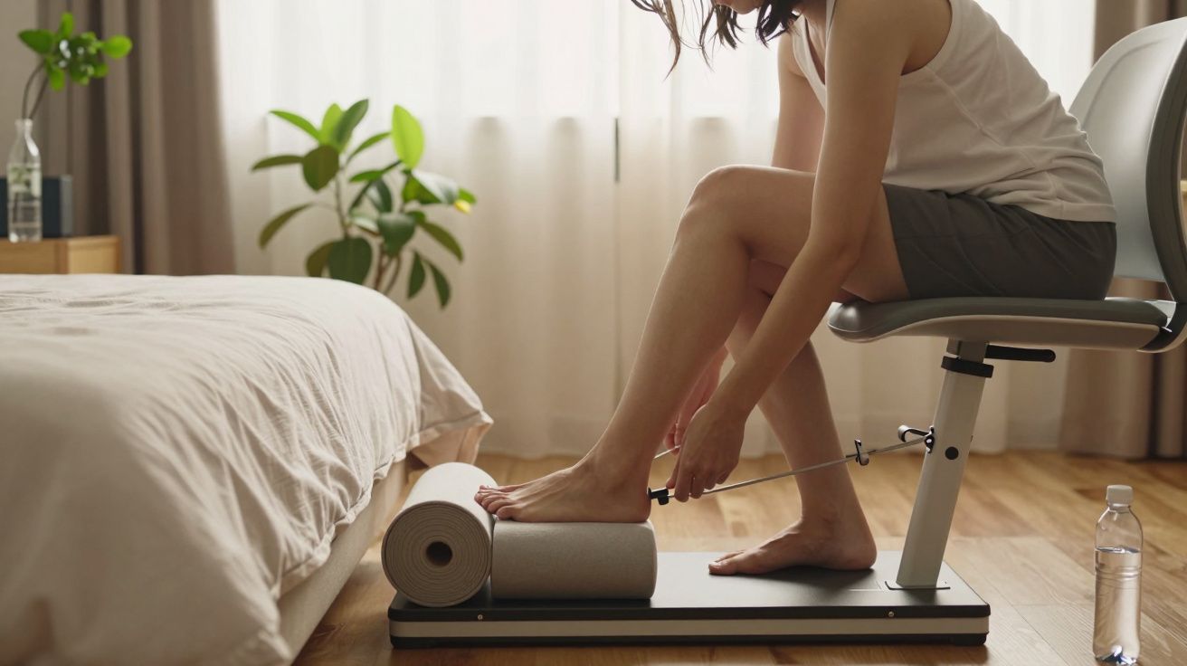 Mulher a usar equipamento de treino para pés em casa, sentada numa cadeira ao lado de uma cama, plantas ao fundo.