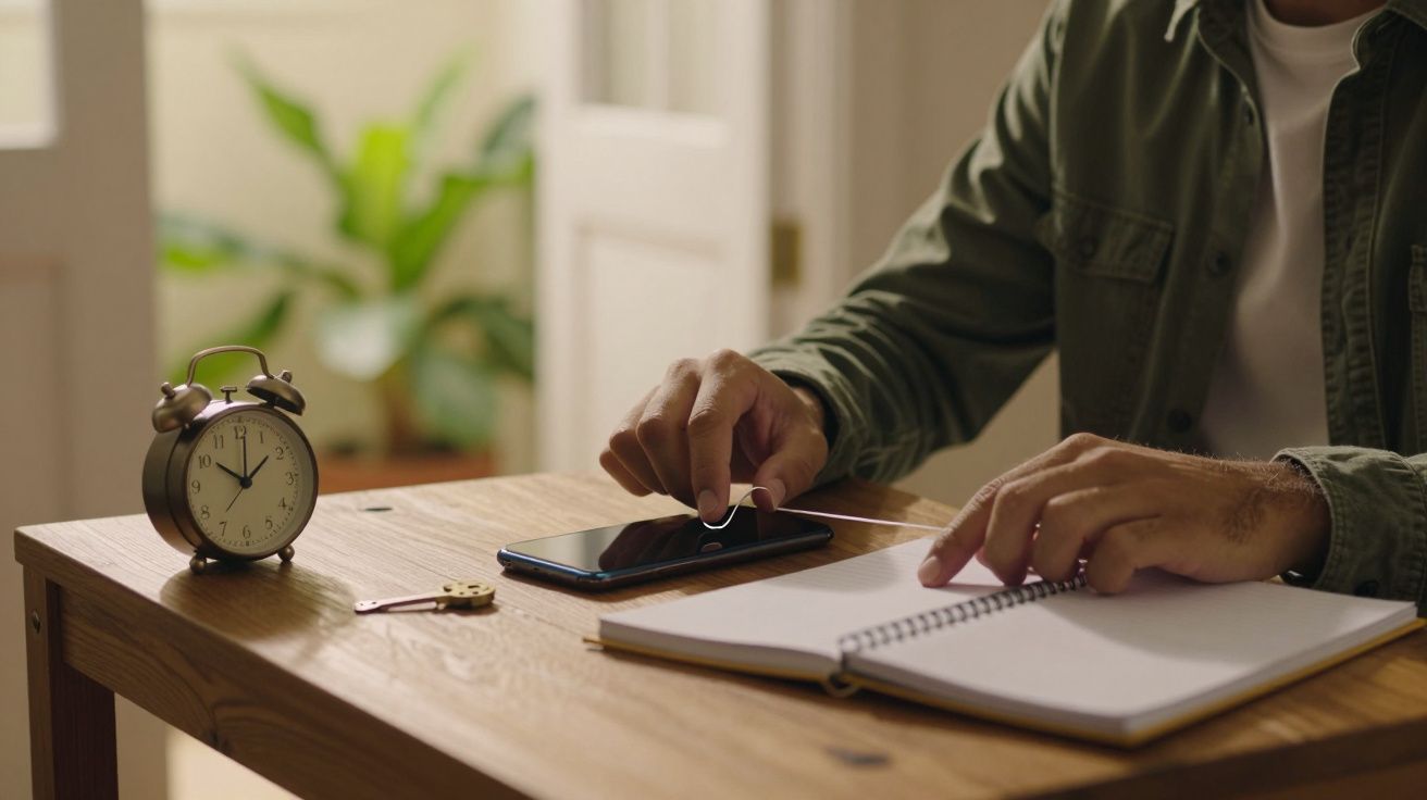 Pessoa a inserir um cartão SIM num telemóvel numa mesa com caderno, relógio e planta ao fundo.