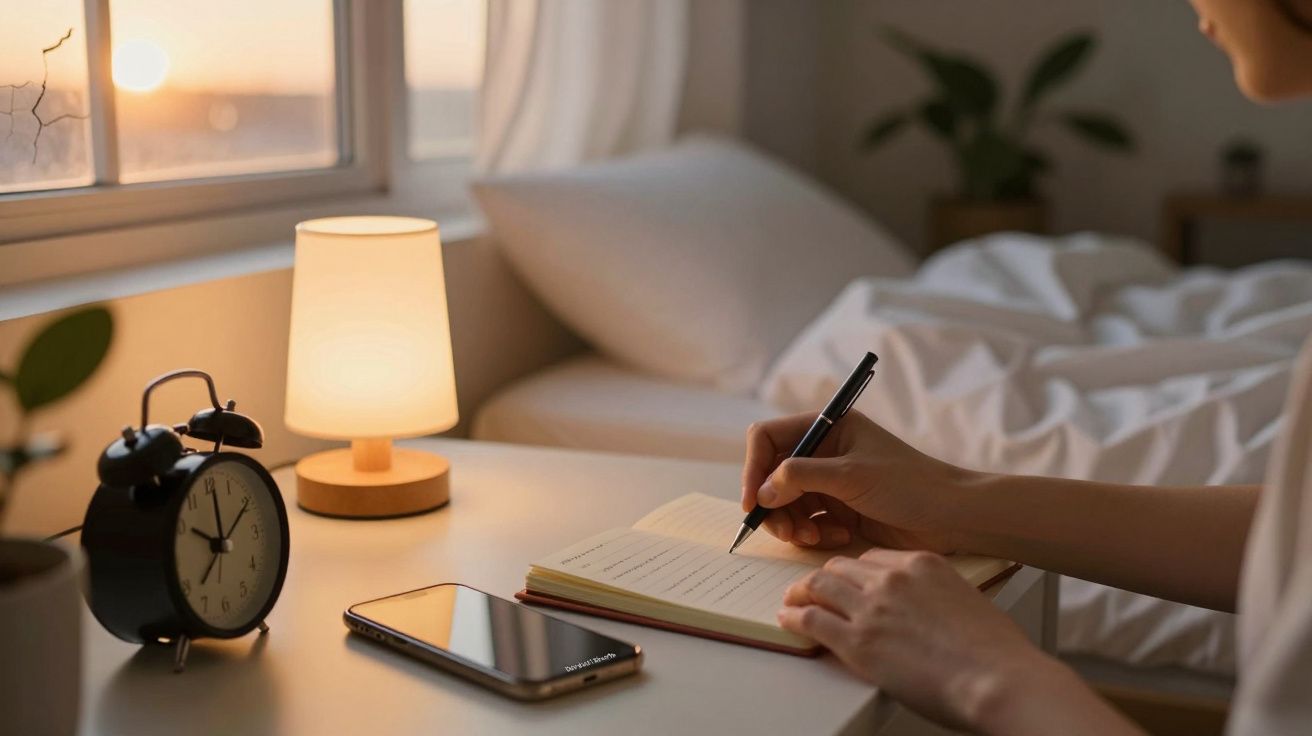Pessoa escreve num caderno numa mesa ao lado de uma cama, com abajur aceso, telemóvel e despertador.