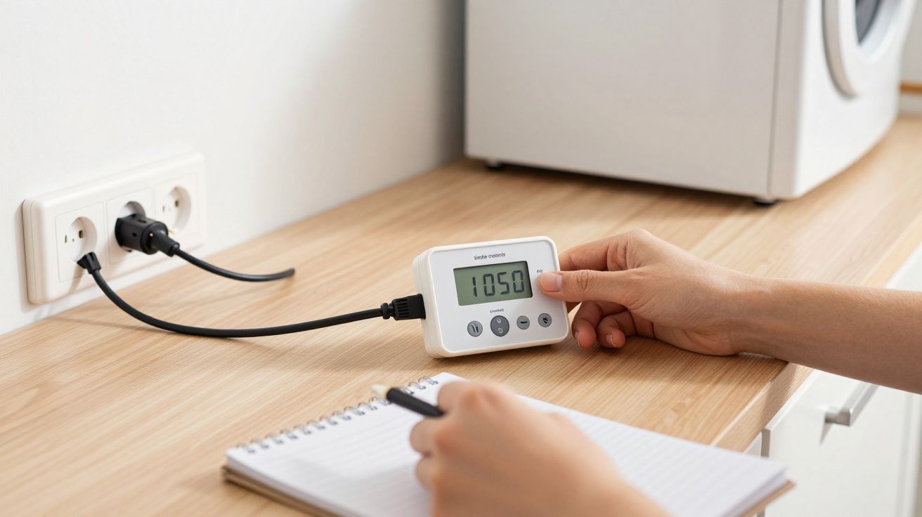 Pessoa usa medidor de consumo elétrico ligado a tomada, anotando num bloco de notas. Máquina de lavar ao fundo.