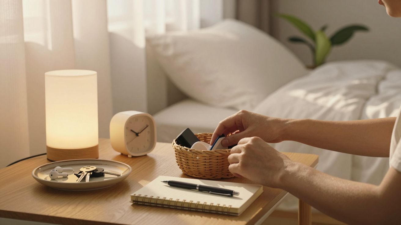 Mesa de cabeceira com candeeiro, relógio, cesto com objetos, bloco de notas e caneta. Mão a arrumar itens.