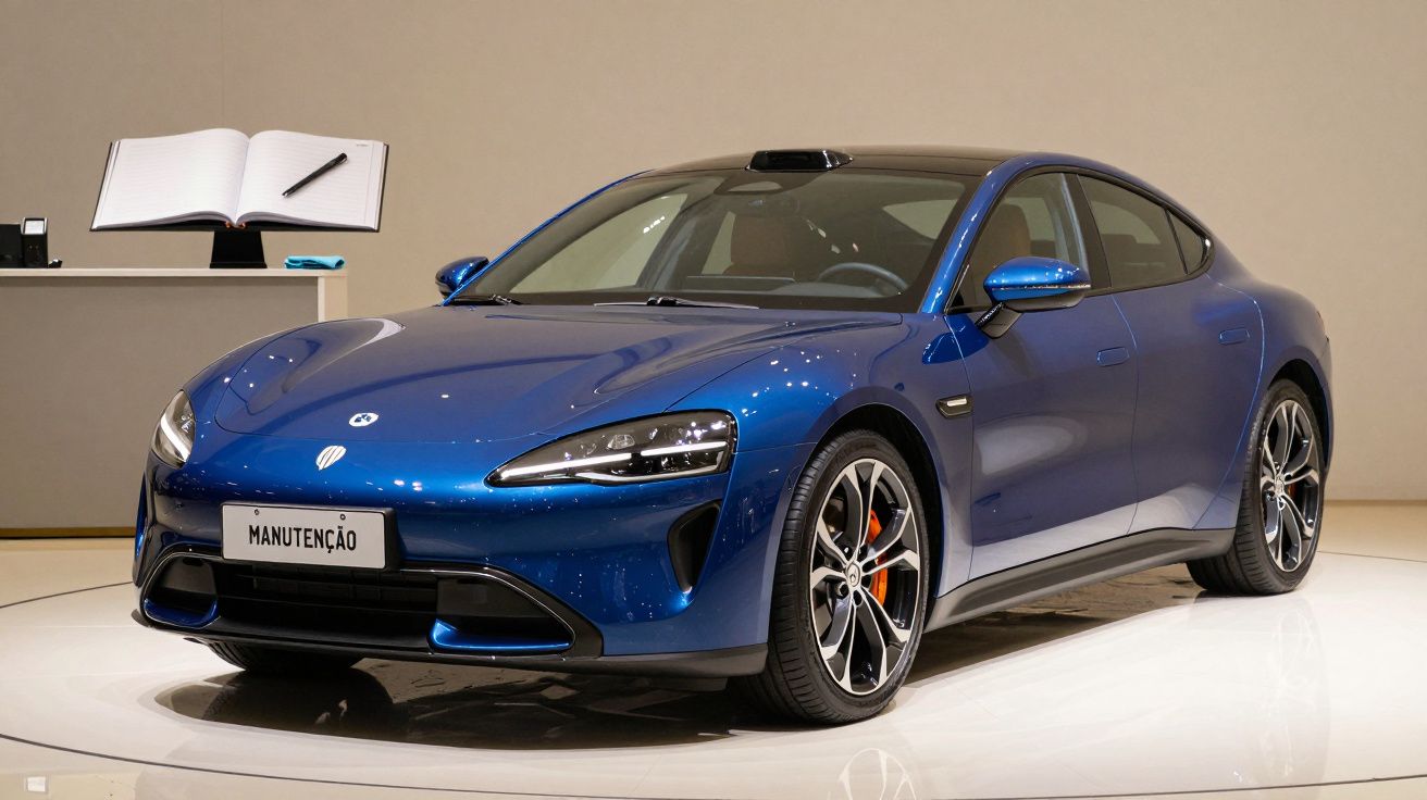 Carro azul elétrico em exposição com placa de "Manutenção", fundo neutro e um livro aberto sobre uma bancada.