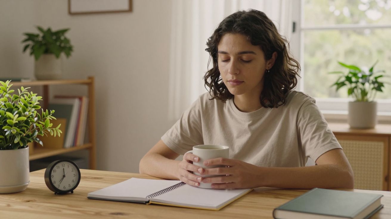 Mulher sentada à mesa com chá, olhos fechados, plantas e relógio ao lado.
