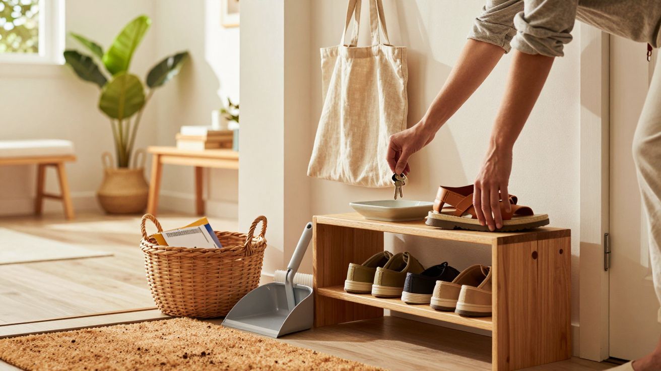 Pessoa arruma sapatos numa sapateira de madeira num hall de entrada, com cesto de verga e planta decorativa ao fundo.