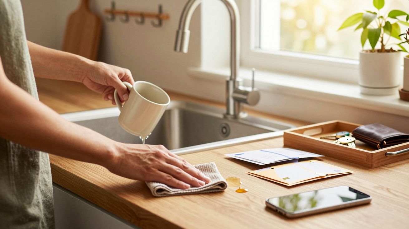 Pessoa limpa bancada de madeira ao lado de uma pia com plantas, papéis e um telemóvel.