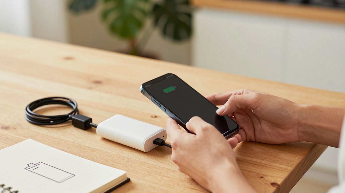 Pessoa segura telemóvel a carregar via power bank numa mesa de madeira, junto a um caderno e um cabo USB.