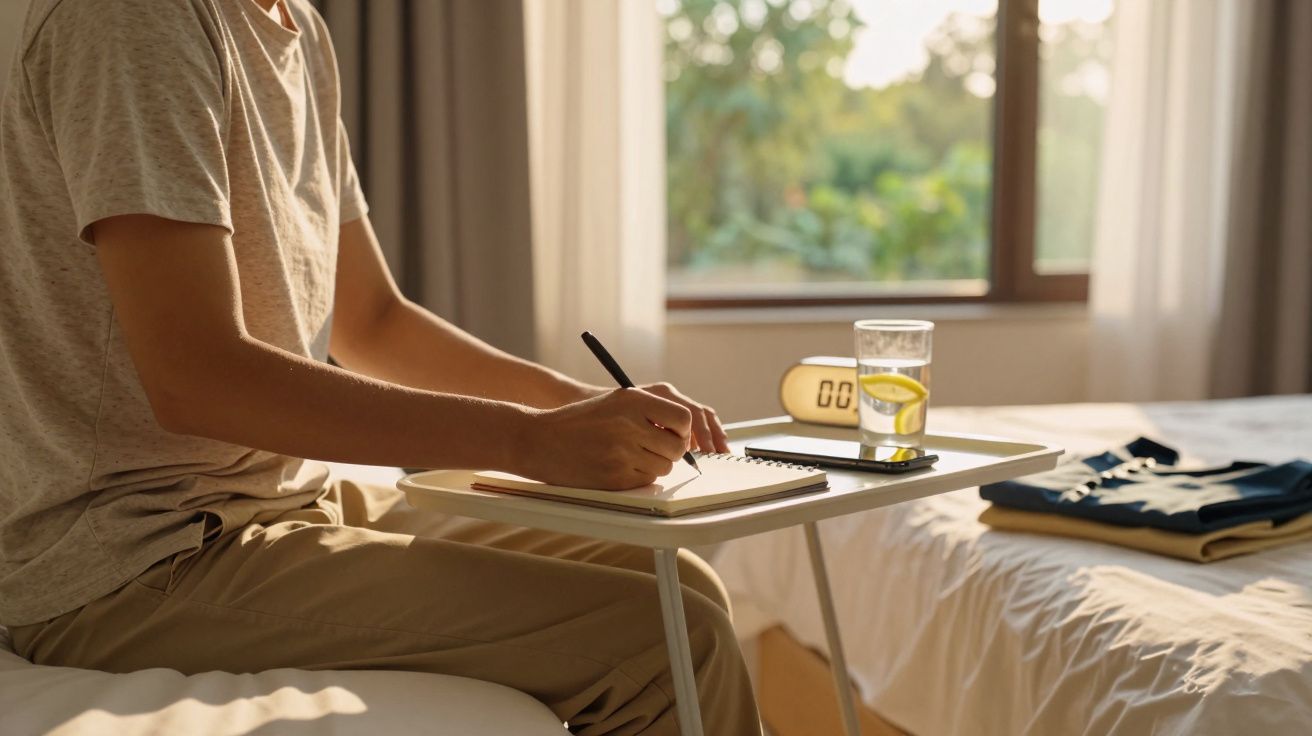 Pessoa escrevendo num caderno sobre uma mesa, com um copo de água e um relógio ao lado, perto de uma janela ensolarada.