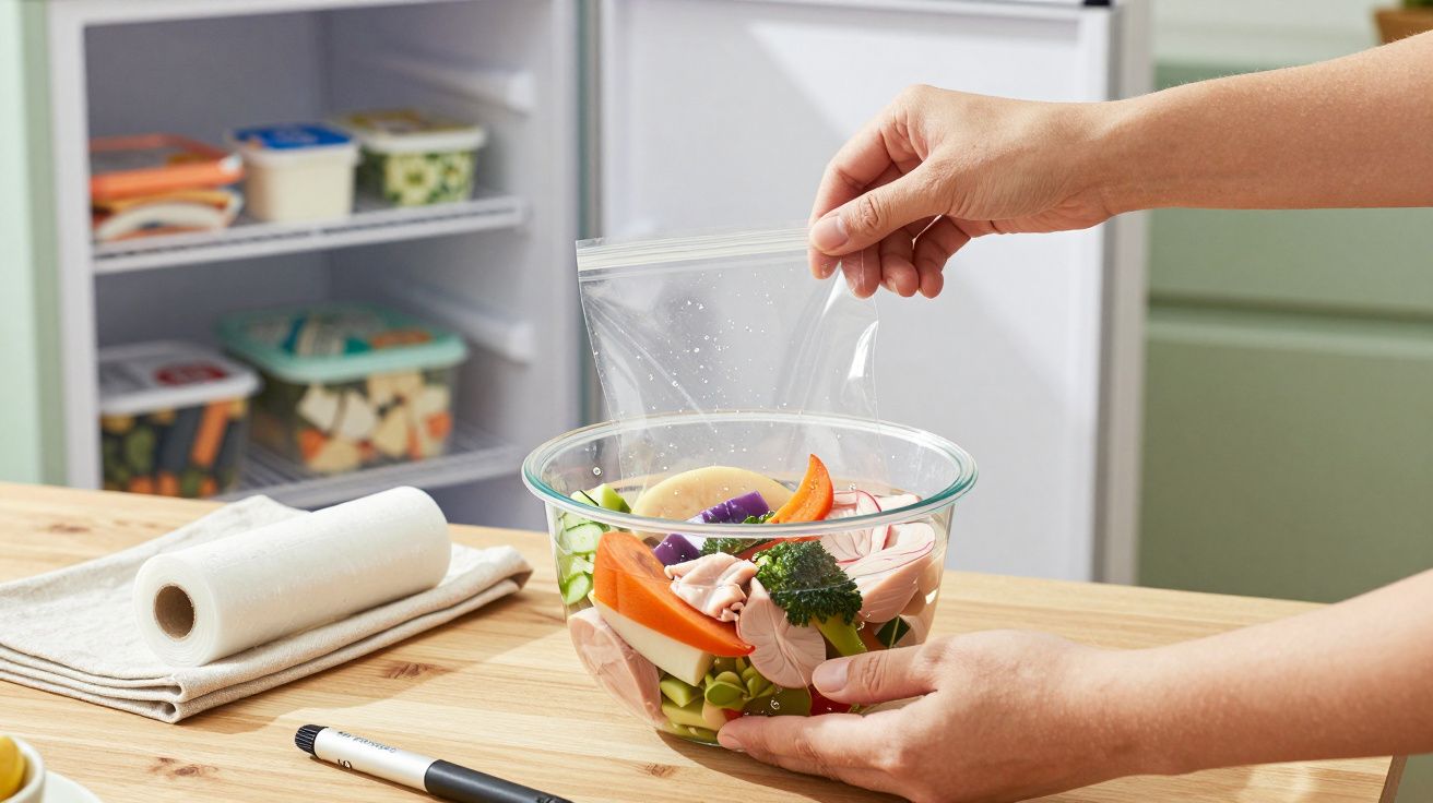 Mãos fechando saco de plástico sobre tigela de vegetais na cozinha, perto de um frigorífico aberto e toalha de papel.