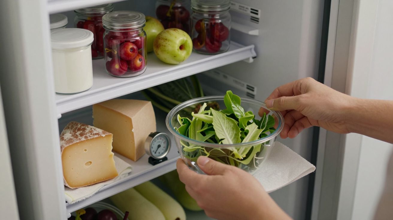 Pessoa coloca tigela de salada num frigorífico cheio de frutas e queijo.