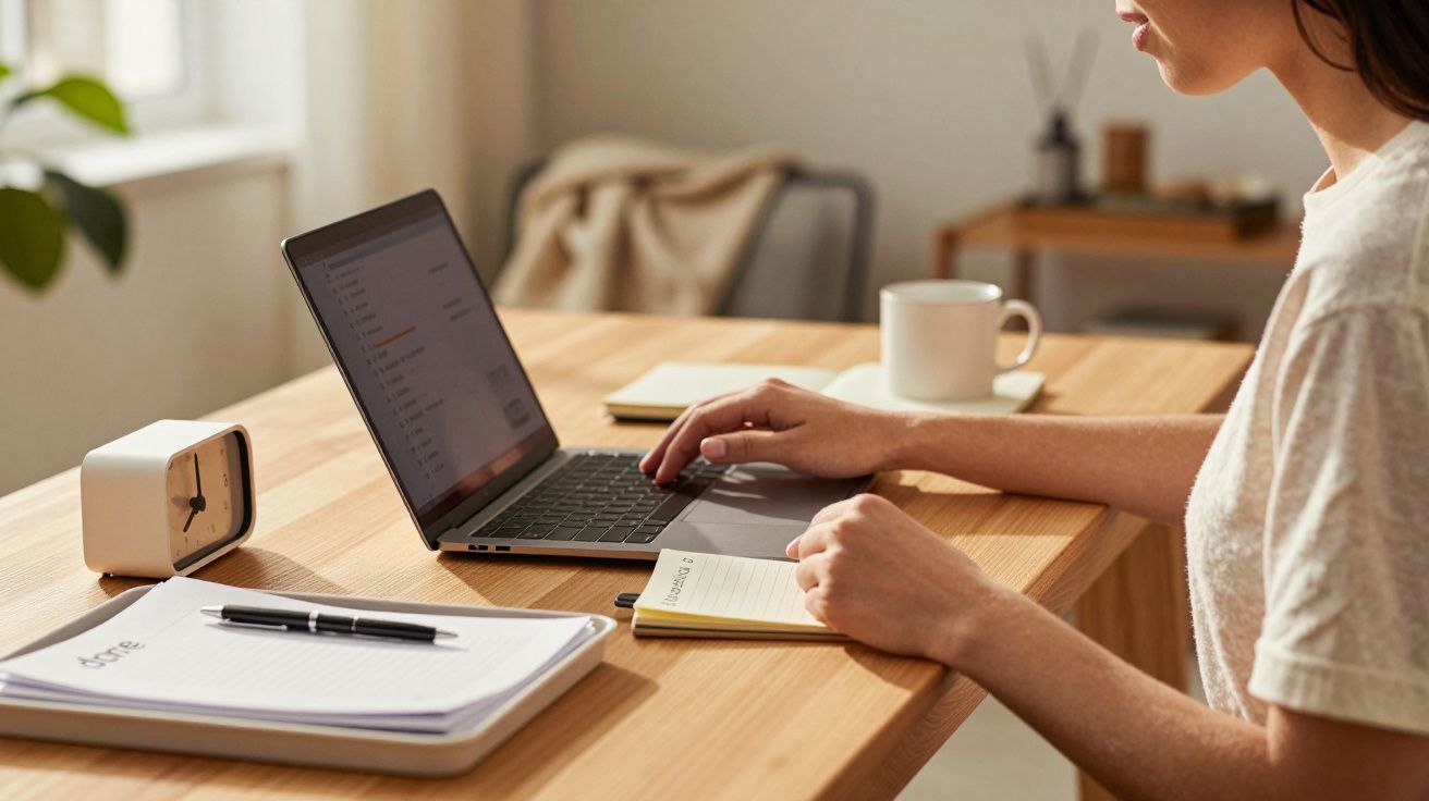 Pessoa a trabalhar num portátil numa mesa com caderno, caneca, relógio e planta. Ambiente de escritório iluminado.