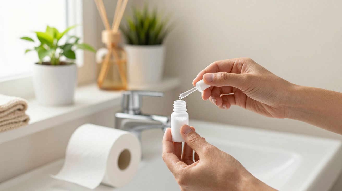 Mãos segurando frasco e pipeta, fundo com lavatório, rolo de papel e plantas.