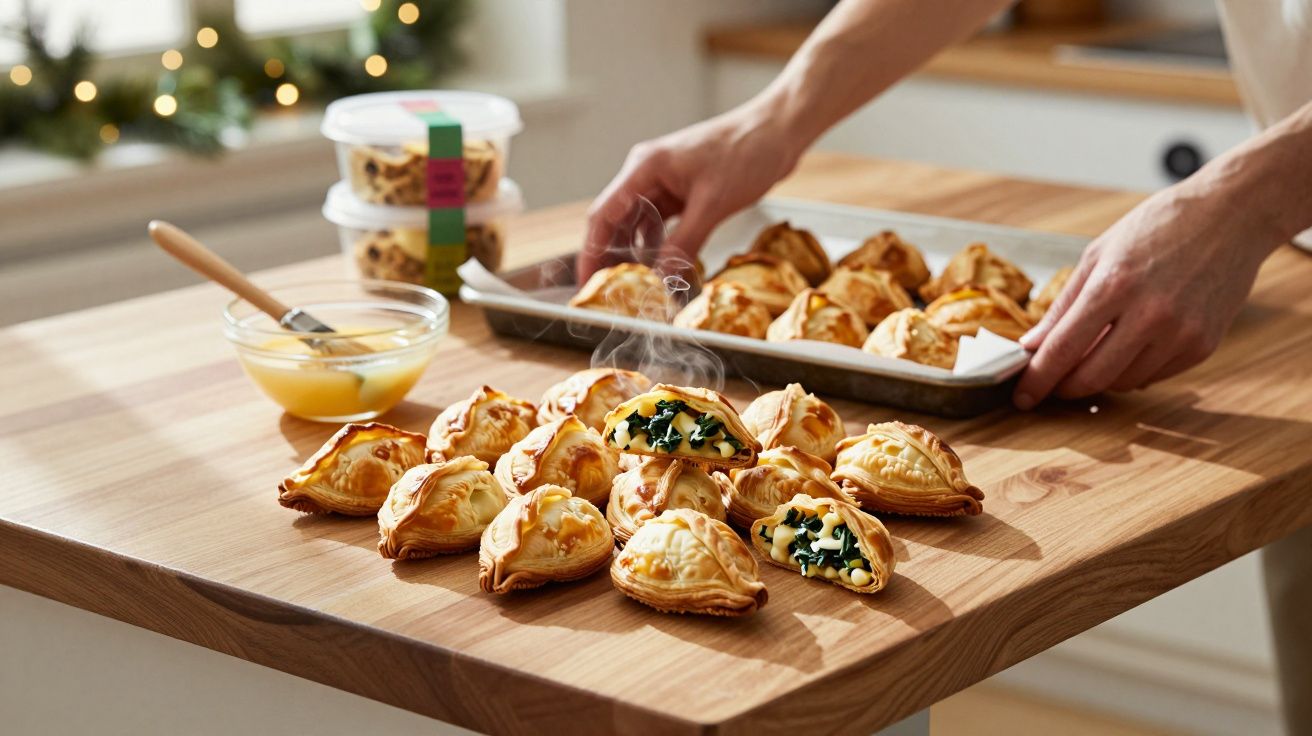 Mãos colocando empadas fumegantes de espinafre e queijo numa tábua de madeira, com molho e biscoitos ao fundo.