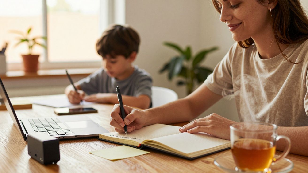 Mulher e criança escrevendo em cadernos numa mesa com um portátil e uma chávena de chá ao lado.