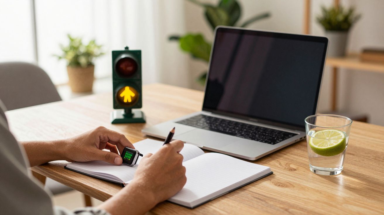 Pessoa escreve num caderno ao lado de um portátil, com um semáforo miniatura e um copo de água com limão na mesa.