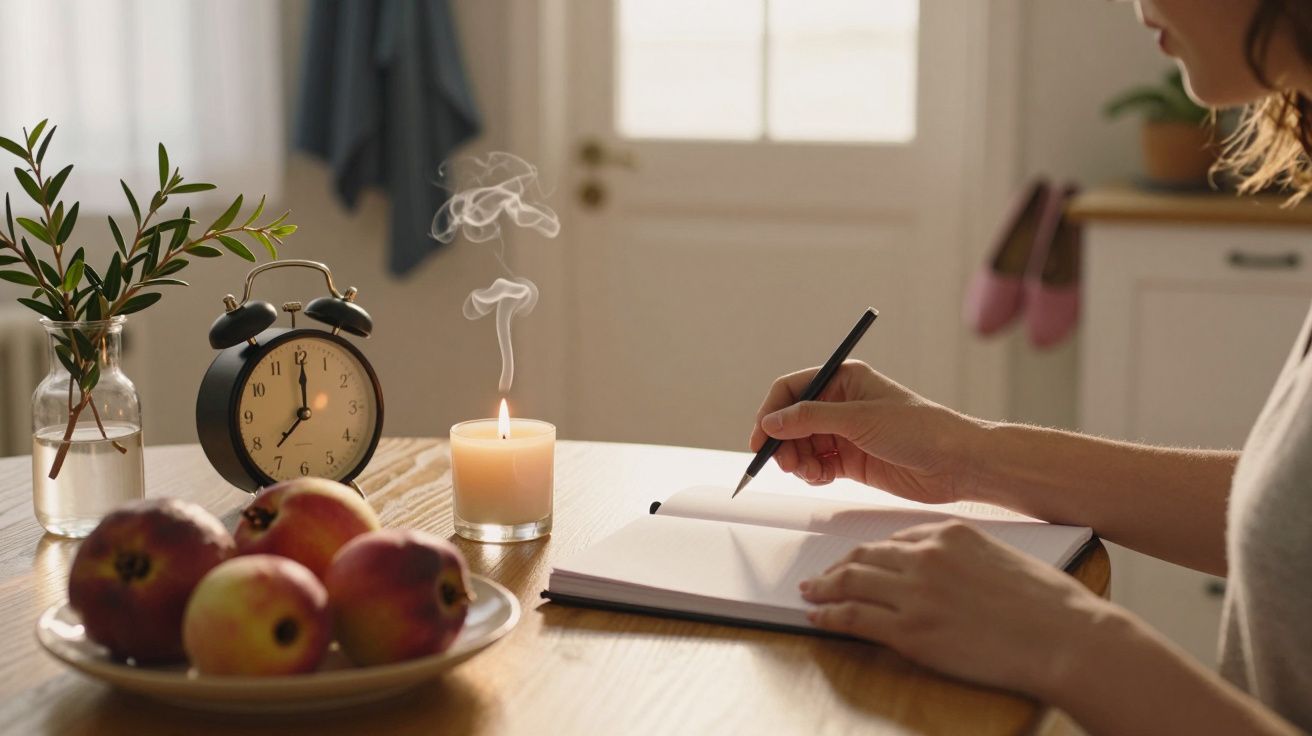 Pessoa a escrever num caderno ao lado de maçãs, vela acesa e um despertador numa mesa de madeira.