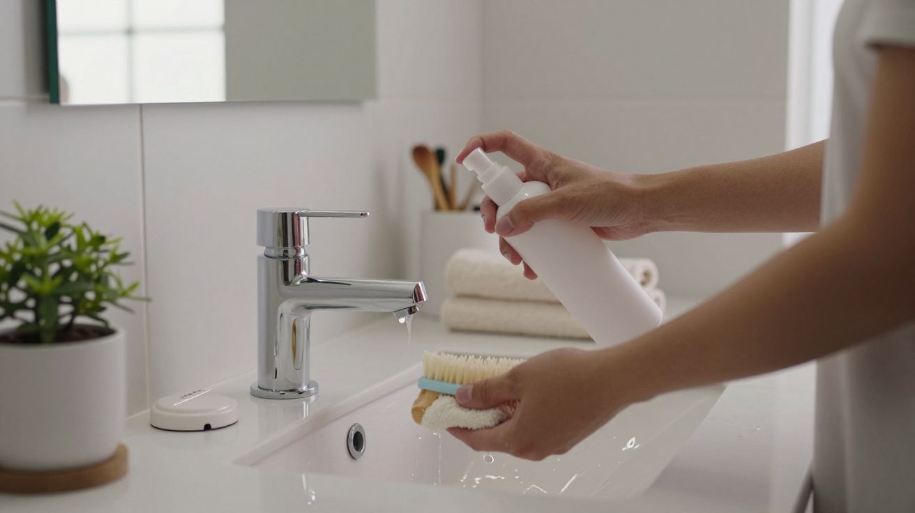 Pessoa a aplicar produto numa escova sobre uma pia de casa de banho com torneira prateada e uma planta decorativa.