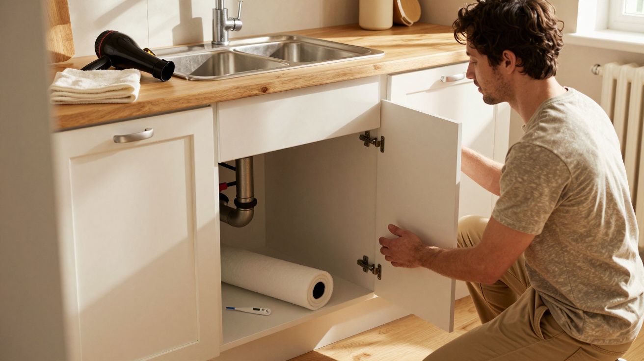 Homem inspecciona armário de cozinha sob o lava-loiça.
