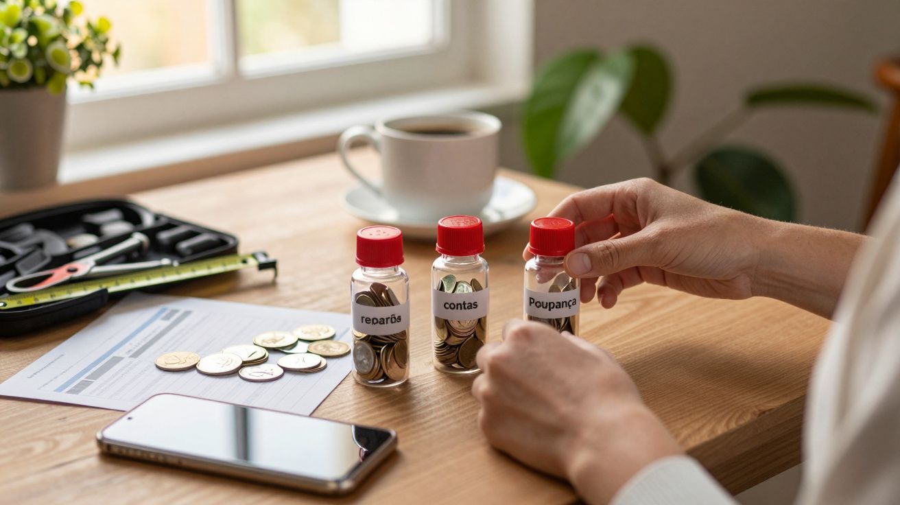 Mão a segurar frasco com moedas, etiquetas "reparos", "contas", "poupança", ao lado de papéis, moedas, chávena e telemóvel.