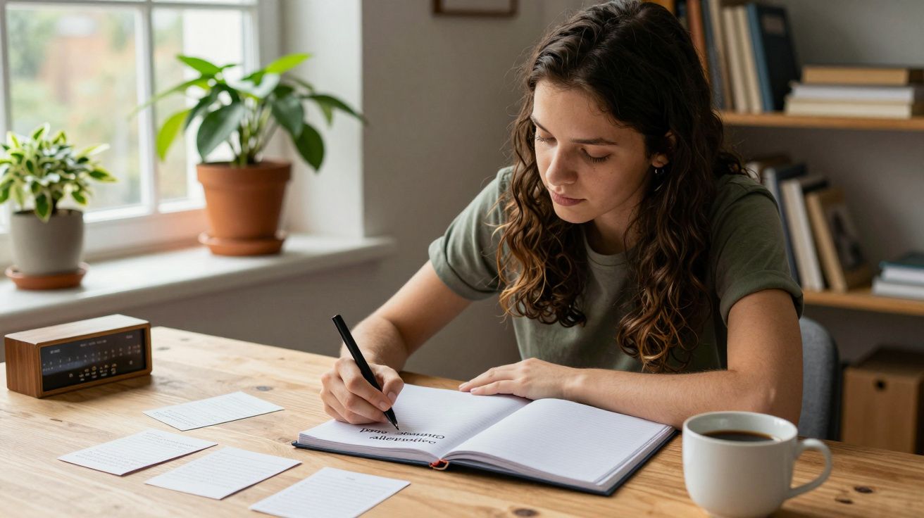 Mulher escrevendo em caderno numa mesa com chávena de café e plantas ao fundo, perto de janela.