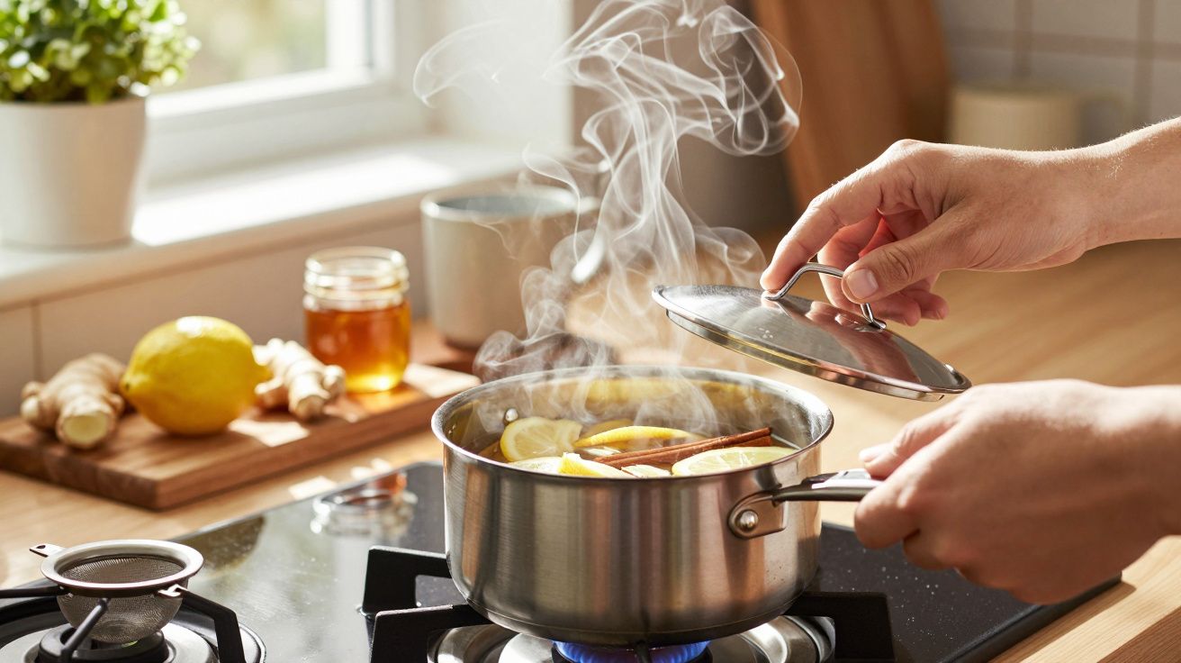 Pessoa a cozinhar num tacho com limões e canela ao lume, numa cozinha iluminada pelo sol.