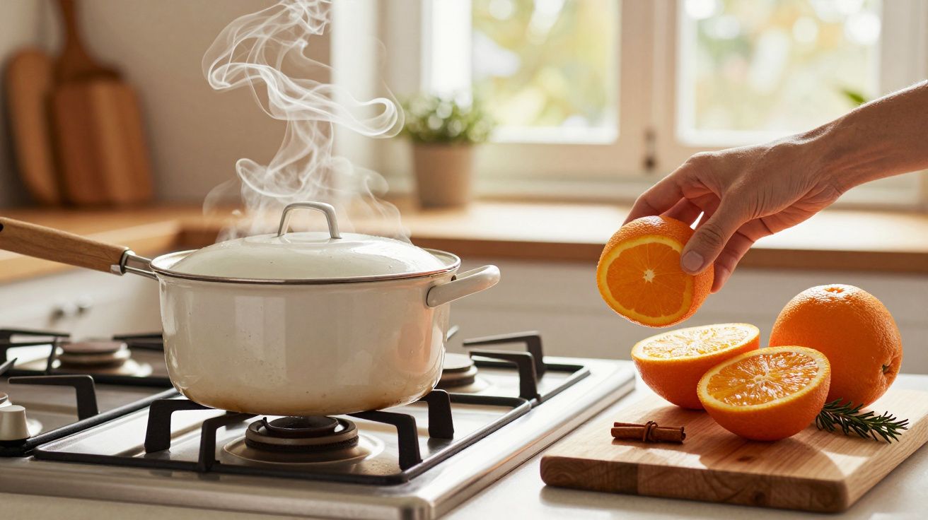 Pessoa adiciona laranja a uma panela com vapor no fogão; laranjas cortadas e especiarias numa tábua ao lado.