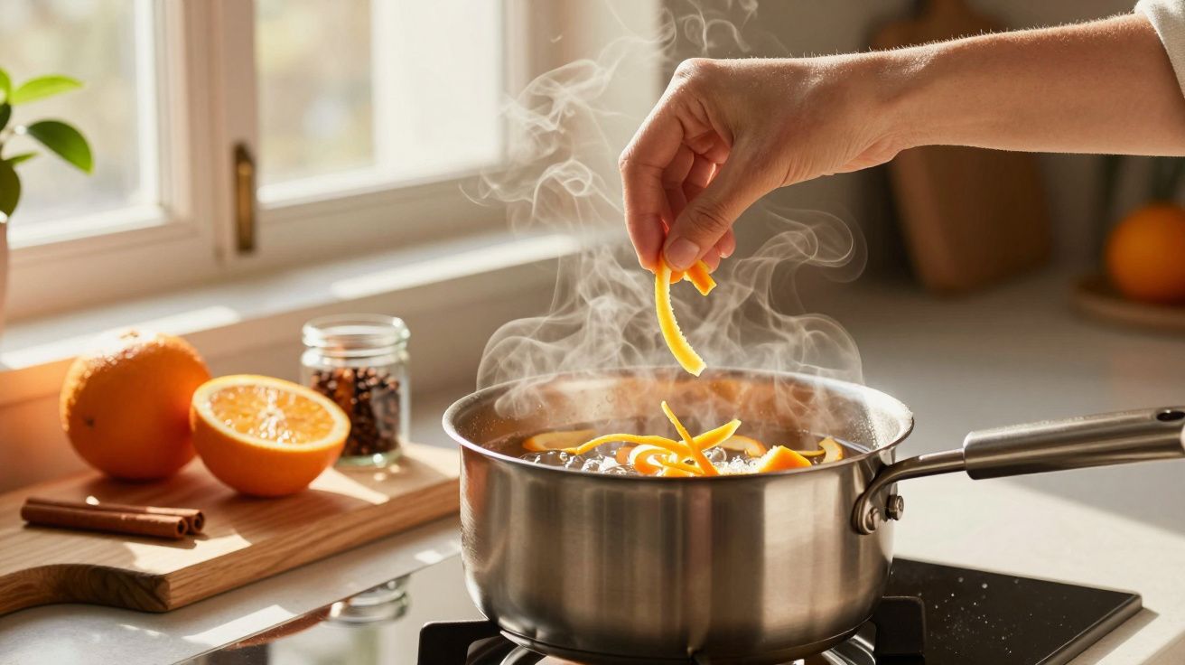 Mão coloca casca de laranja a ferver em panela de aço inoxidável numa cozinha iluminada.