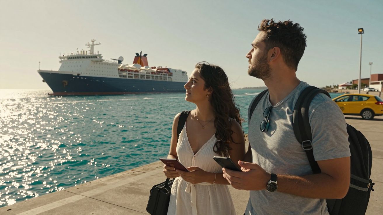 Casal com mochilas no cais observa navio de cruzeiro em alto-mar sob céu ensolarado.