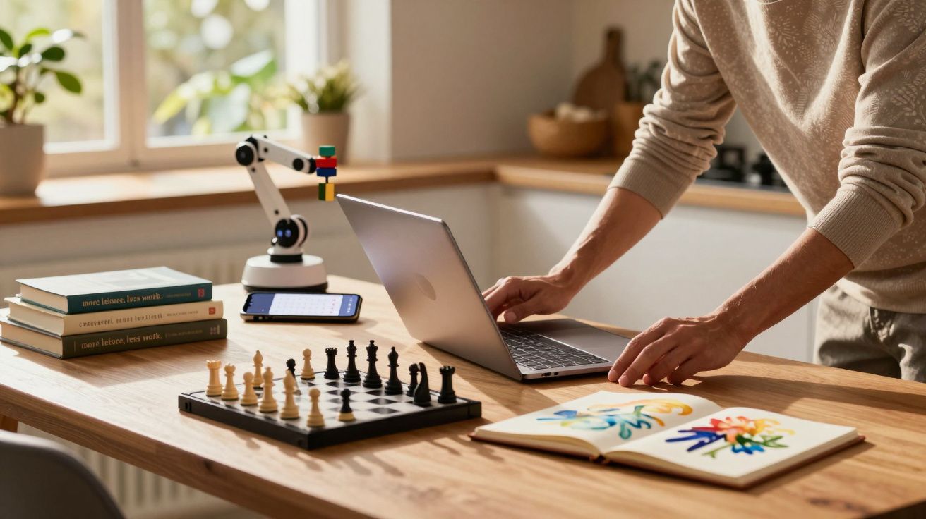 Mesa com portátil, tabuleiro de xadrez, livros, caderno colorido e braço robótico numa sala iluminada.