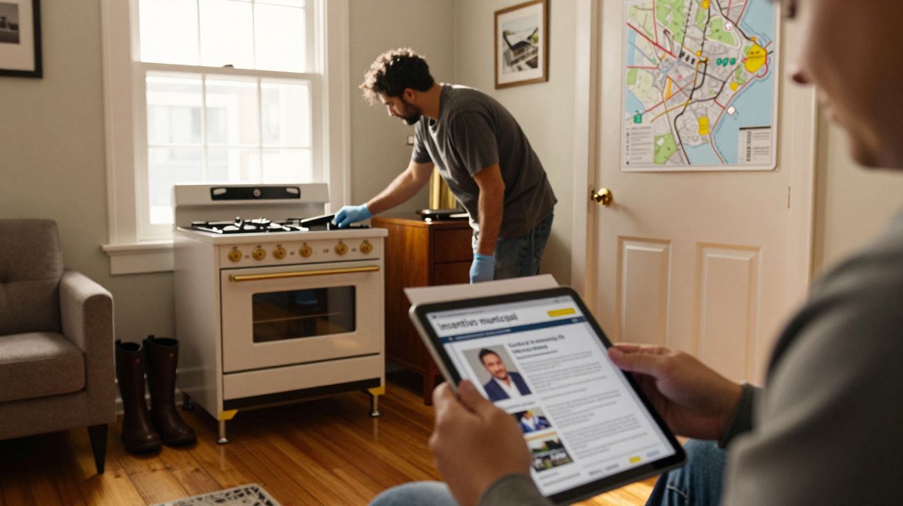 Homem ajusta fogão na cozinha enquanto outra pessoa lê um tablet.
