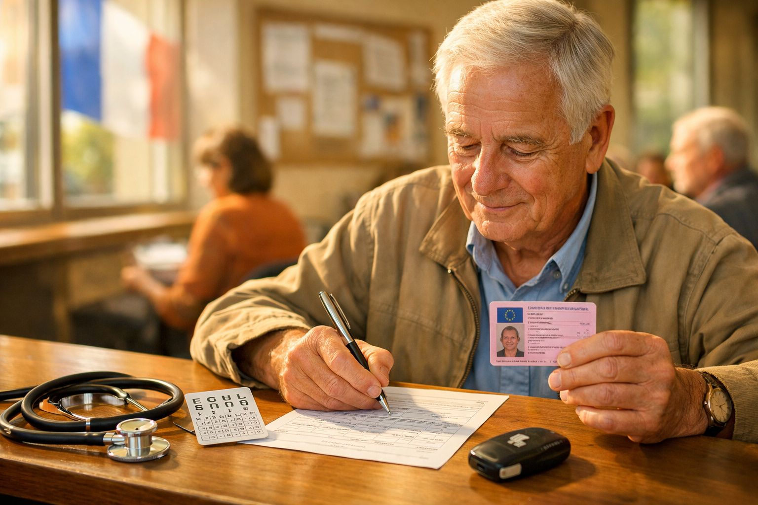 Homem idoso sentado à mesa, segurando um documento em envelope, com óculos, chave e calendário ao lado.
