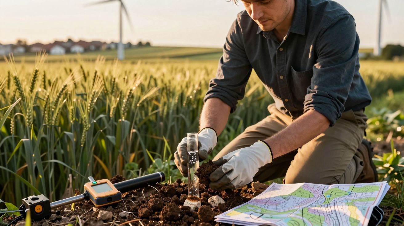 Homem analisando solo numa plantação com moinho eólico ao fundo. Ferramentas e mapa ao redor.
